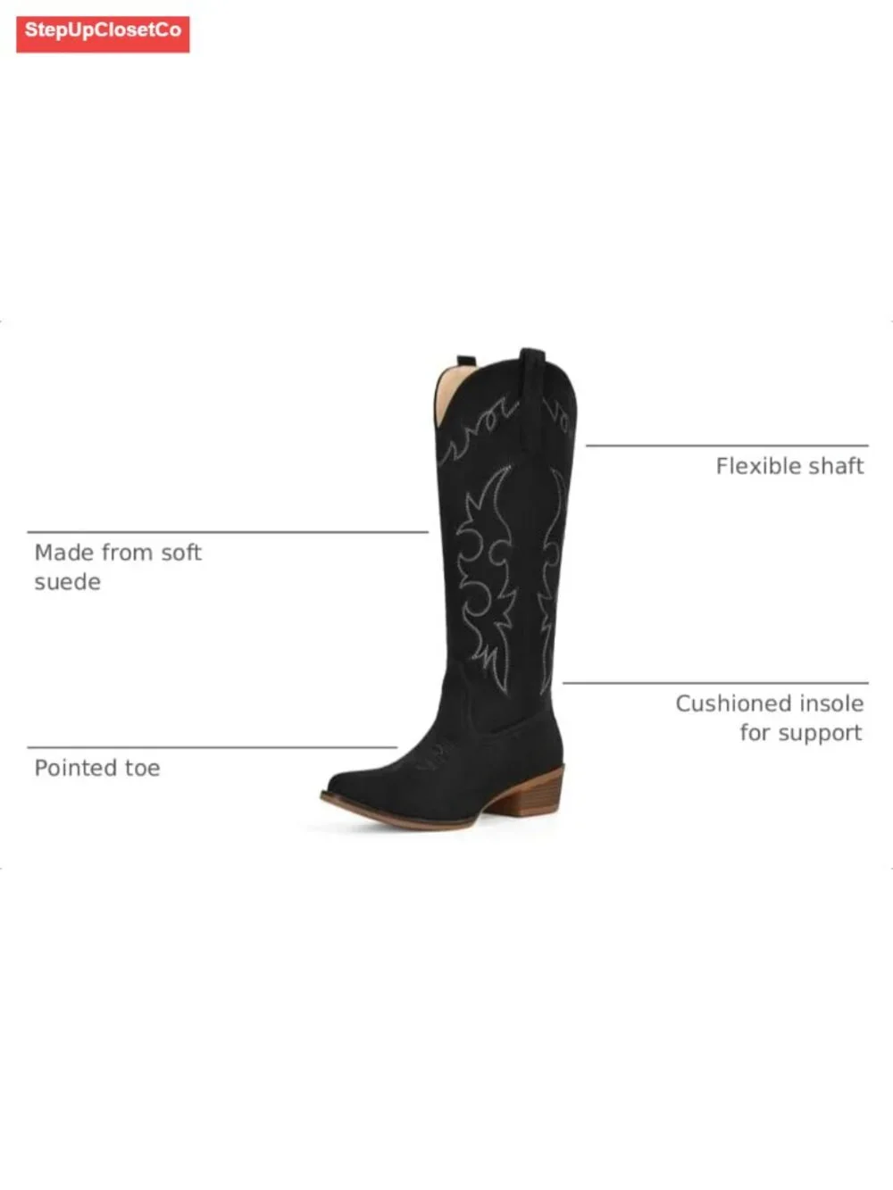 Women's Suede Cowboy Boots Knee High Western Cowgirl Floral Embroidery
